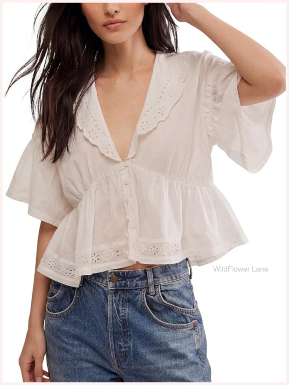 Boho Lace Button Down V-Neck Ruffle Blouse Flowy Y2k Top